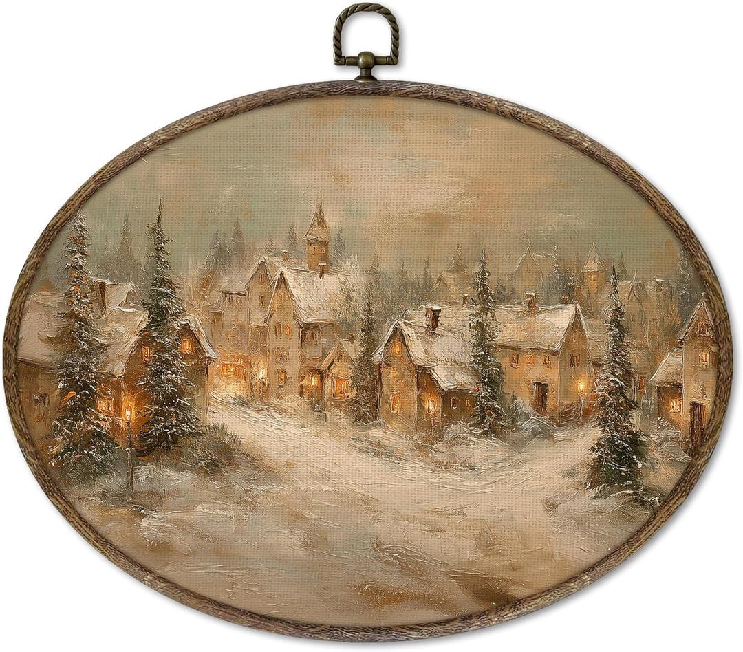 XNXLDYLH Vintage Winter Christmas Scene Oval Framed Wall Art Decor, Winter Christmas Town Village Cabin Cottage Hanging Wall Decor Decorations, Country Farmhouse Canvas Prints Art Paintings,11.5x8.5In