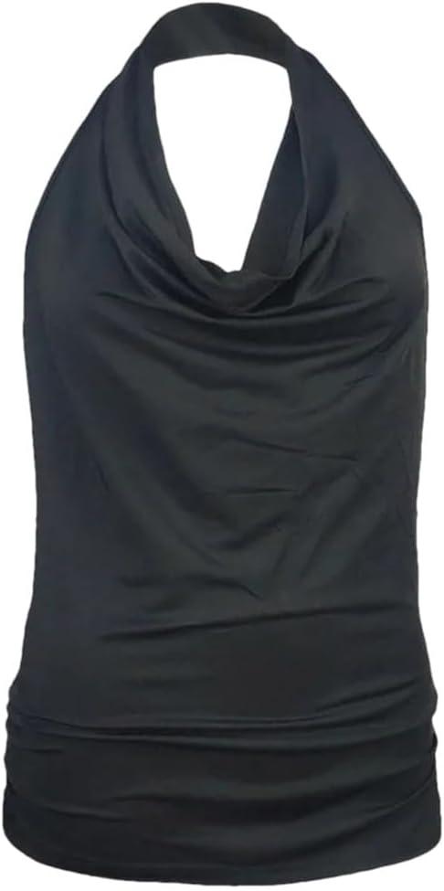 Women's Summer Sexy Backless Halter neckT-Shirt Women Look Solid Cotton Short Sleeved Top Classic Tanks (Medium, Black)