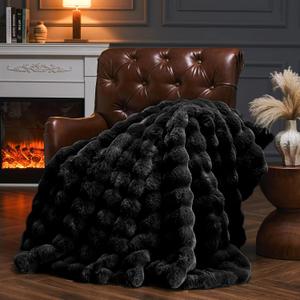 Faux Fur Throw Blanket for Couch, Fluffy Fuzzy Plush Bubble Blanket, Soft Warm Cozy Shaggy Rabbit Blanket, Luxury Decorative Gifts for Sofa Bedroom Living Room, 60x50inch (Black)