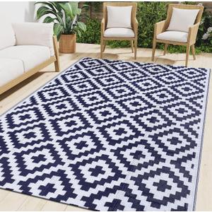 Smiry Waterproof Outdoor Rug 5x8 ft, Reversible Plastic Straw Patio Camping Rugs, Outdoor Indoor RV Mat Carpet for Patio, Outside Entry, Backyard, Deck, Bench, Picnic, Camper, White & Navy