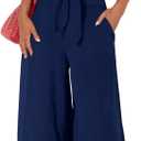 PRETTYGARDEN Women's Summer 2 Piece Outfits 2025 Cap Sleeve V Neck Belted Crop Tops Wide Leg Pant Sets Casual Tracksuit (Large, Solid Dark Blue)