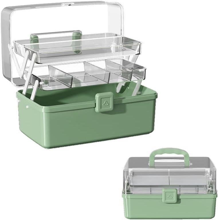 12.9in Three-Layer Multipurpose Storage Box with Handle Portable Tackle Box Folding Art & Craft Case Sewing Supplies Organizer for Makeup, Medicine, Nail, Hair Accessories (Haze Green)