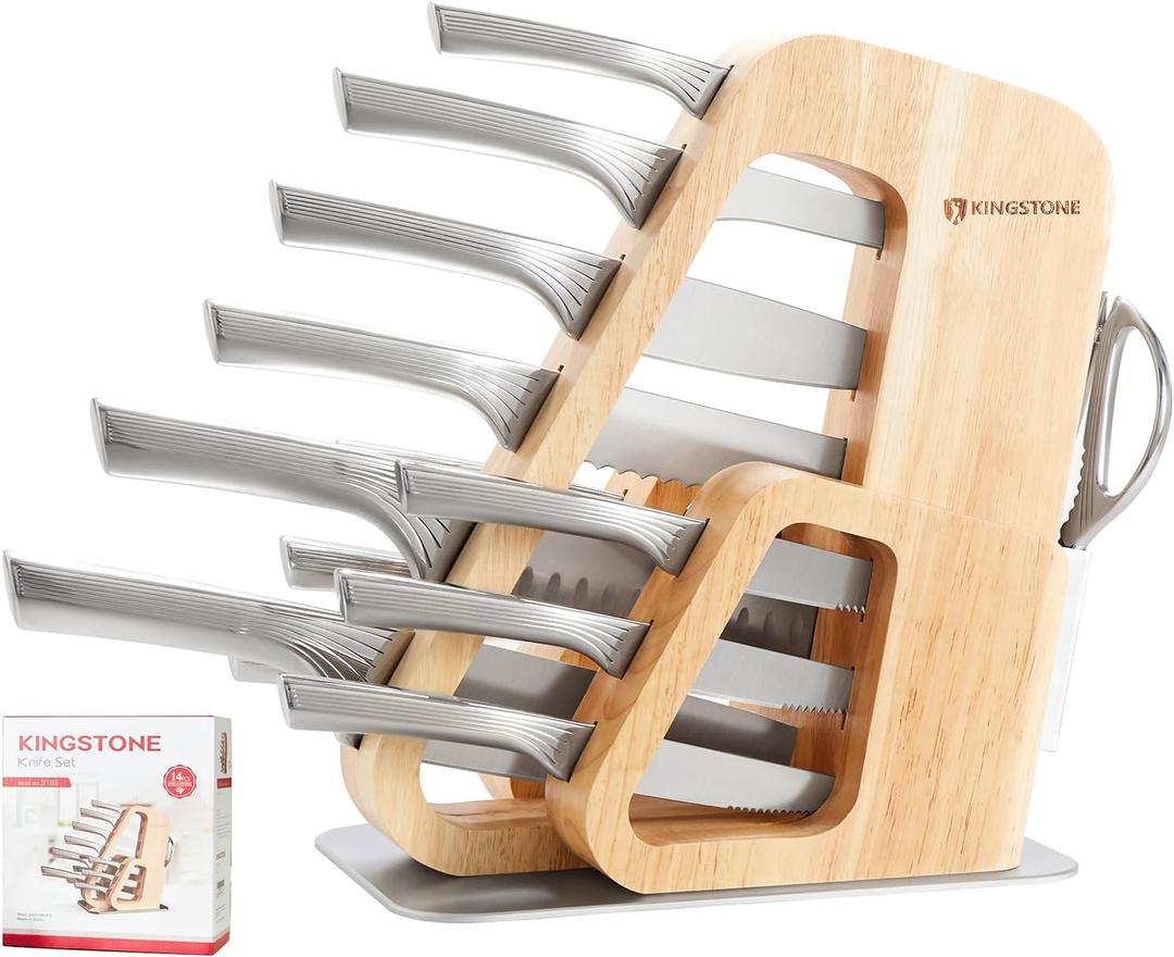 KINGSTONE Kitchen Knife Set with Block, 14 Pcs German Stainless Steel Knife Set with Built-in Sharpener, Dishwasher Safe Knife Block Set