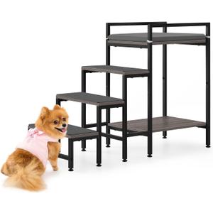 Pet Window Perch with Stairs, Grey Dog Window Perch with Stairs, 4 Steps Dog Bunk Beds with Stairs, Pet Stairs for High Beds with Cushion for Medium Small Sized Pets