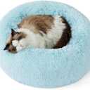Bedsure Calming Cat Beds for Indoor Cats - Small Cat Bed Washable 20 inches, Anti-Slip Round Fluffy Plush Faux Fur Pet Bed, Fits up to 15 lbs Pets, Aqua Blue