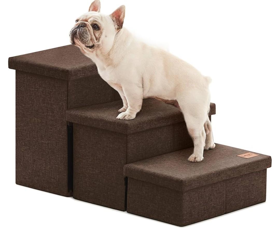 Love's cabin Dog Stairs for High Bed 18" H, Foldable Pet Stairs for Small Medium or Large Dogs Puppy with Storage for Bed or Couch, Cat Dog Steps Ramp with Zip up to 200 lbs, Coffee, 3 Steps
