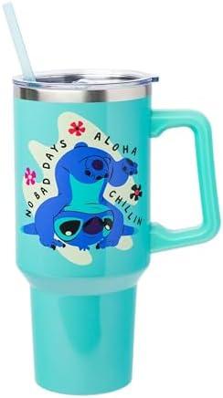 Silver Buffalo Disney Lilo and Stitch Aloha No Bad Days Chillin’ Stainless Steel Tumbler with Handle and Straw, Fits in Standard Cup Holder, 40 Ounces