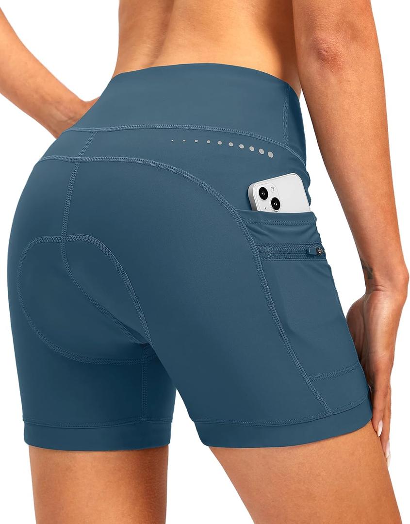 Women's 4D Padded Bike Shorts 5"/7" Riding Underwear Cycling Bicycle Road Biking Cycle Shorts for Women Zipper Pockets (Large, Blue Grey)