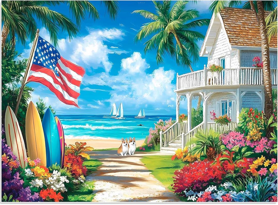 500 Pieces Puzzle for Adults, Beach Dog Flower Puzzle, Recycled Cardboard Jigsaw Puzzles 500 Pieces, Challenging Puzzles Game Home Art Decor Birthday Party Gift Toy for Friends Seniors 20.5 * 15 inch