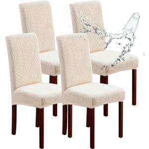 Genina 100% Waterproof Chair Covers for Dining Room Set of 4, Large Dining Room Chair Covers Protectors Stretch Kitchen Parson Chair Slipcovers for Home, Restaurant (Large, Leaves-Beige)