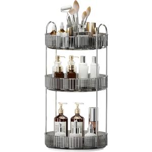360 Rotating Makeup Organizer, Upgraded 3 Tier Skincare Perfume Organizers for Women, Bathroom Organizer Countertop, Clear Cosmetic Dresser Organizer with Makeup Brush Holder, Sink&Counter(Grey)