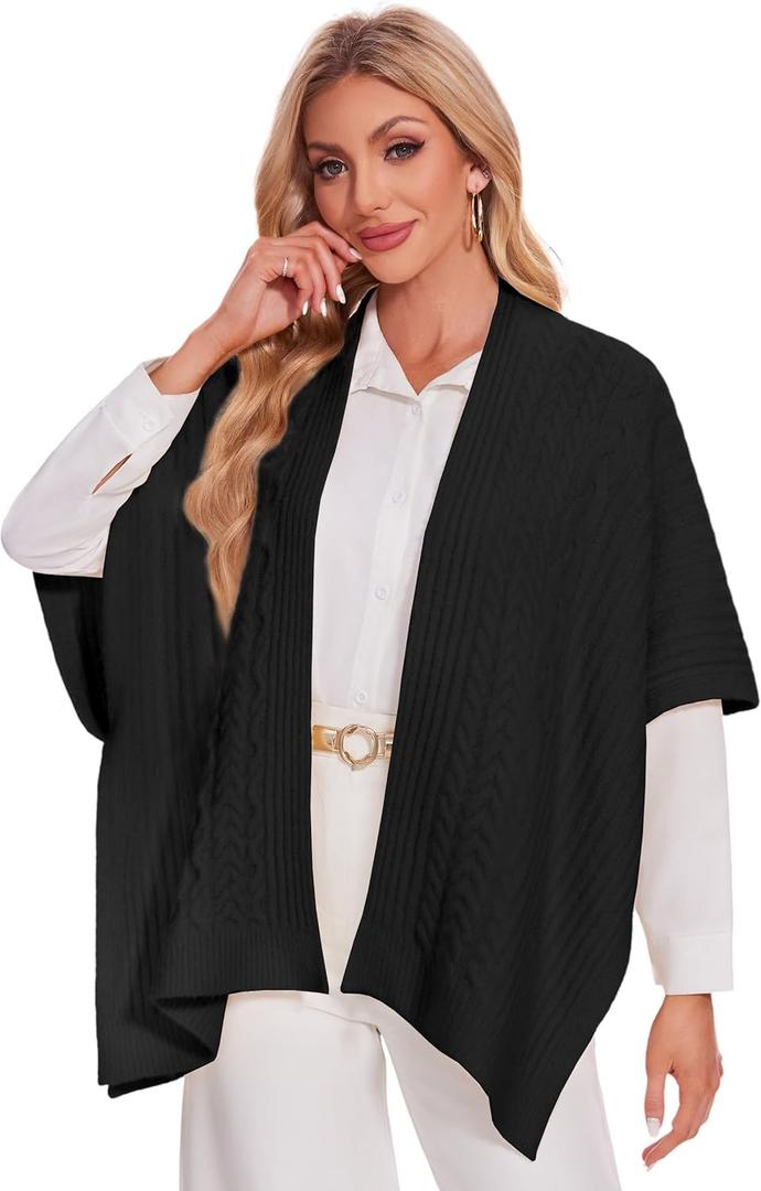 PULI Womens Cable Knit Open Front Poncho Sweater Chunky Warm Shawls Cape for Fall Winter (Black)