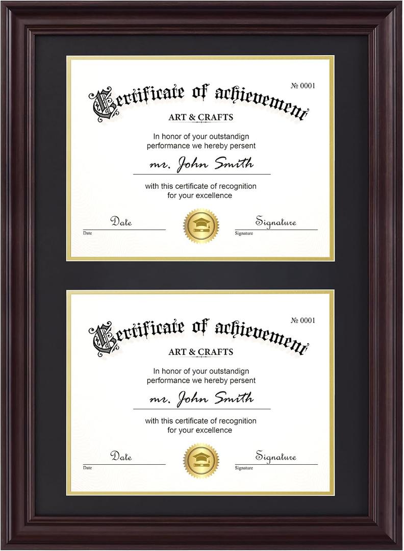 Yaetm Vertical Double Diploma Frame 14x20 for Two 8.5x11 Certificates, Degrees, Documents, Tempered Glass with Black Over Gold Acid-free Mats, Dual Diploma Frames, Brown/Black