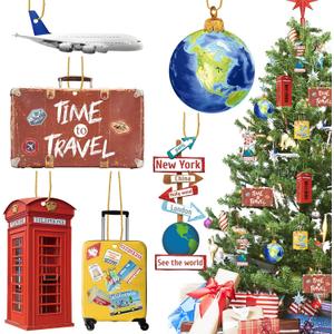 36 Pieces Travelers Planet Christmas Ornaments Wood World Globe Suitcase Luggage Cruise Ship Phonebooth World Signs Airplane for Christmas Tree Decoration