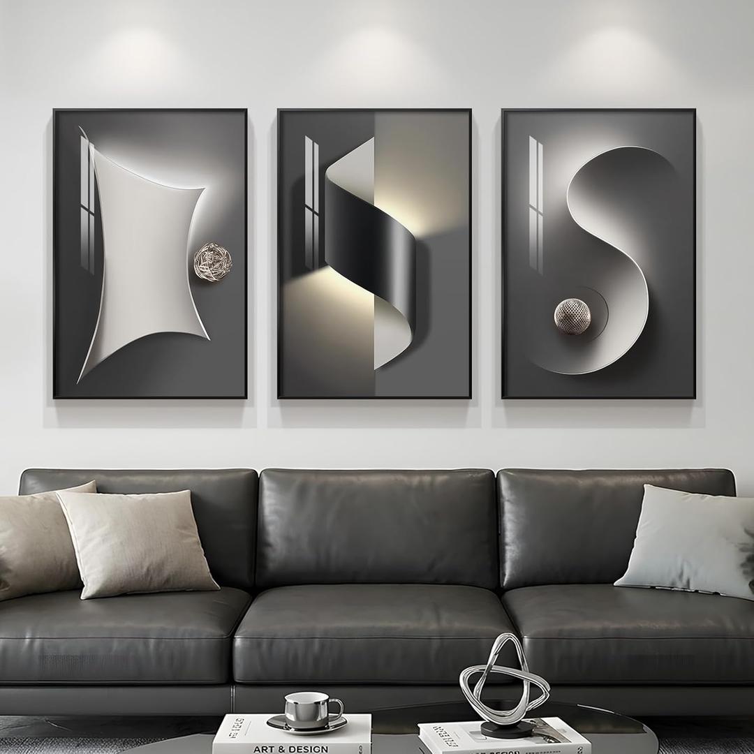 3 Piece Framed Black and White Abstract Wall Art for Living Room, Large Modern Minimalist Geometric Picture Prints Paintings, Bright Style Luxury Artwork for Bedroom Dining Room Wall Decor 20x30 Inch