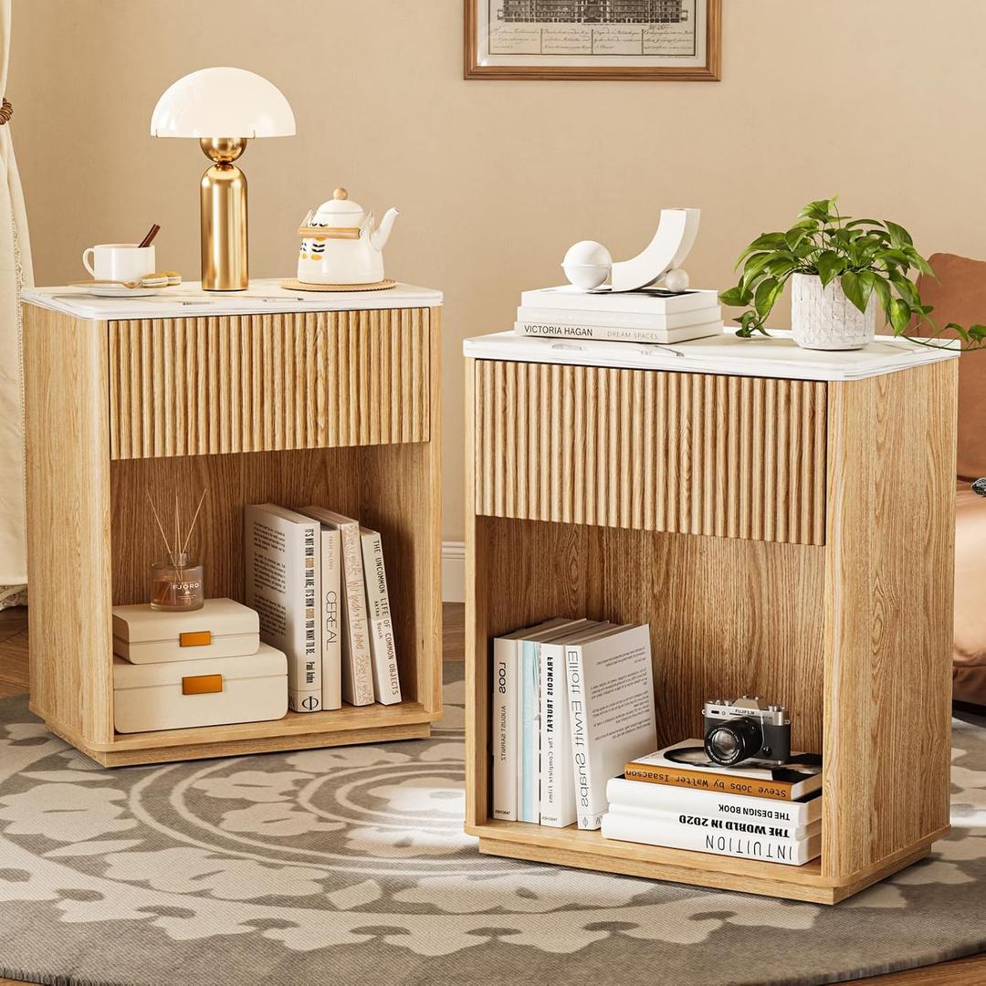 Modern Fluted Nightstand Set of 2 for Bedroom, Mid Century Bedside Table Set with Marble Top & Drawer, Wood End Table, 2 Farmhouse Night Stands for Guest Room, Hallway, Oak