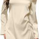 HYPERFIRE Women's Elegant Sqaure Neck Satin Long Sleeve Mini Dress Wedding Cocktail Dresses (Gold)