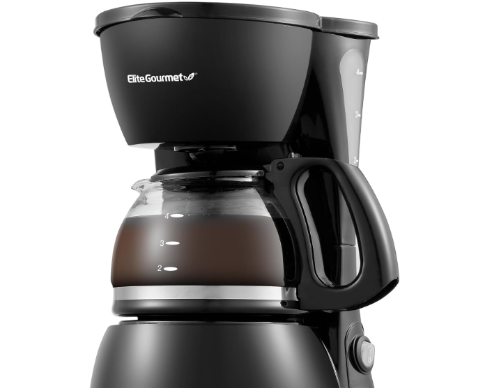 Elite Gourmet EHC4128 Automatic 4Cup Brew & Drip Coffee Maker with Pause N Serve, Glass Carafe, Reusable Filter, On/Off Switch, Keep Warm, Water Level Indicator, Black