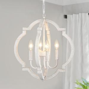White Farmhouse Orb Chandelier for Dining Room- 4 Light Modern Pendant Light Fixture, Rustic Wood Hanging Lights for Kitchen Island Living Room Bedroom Entryway