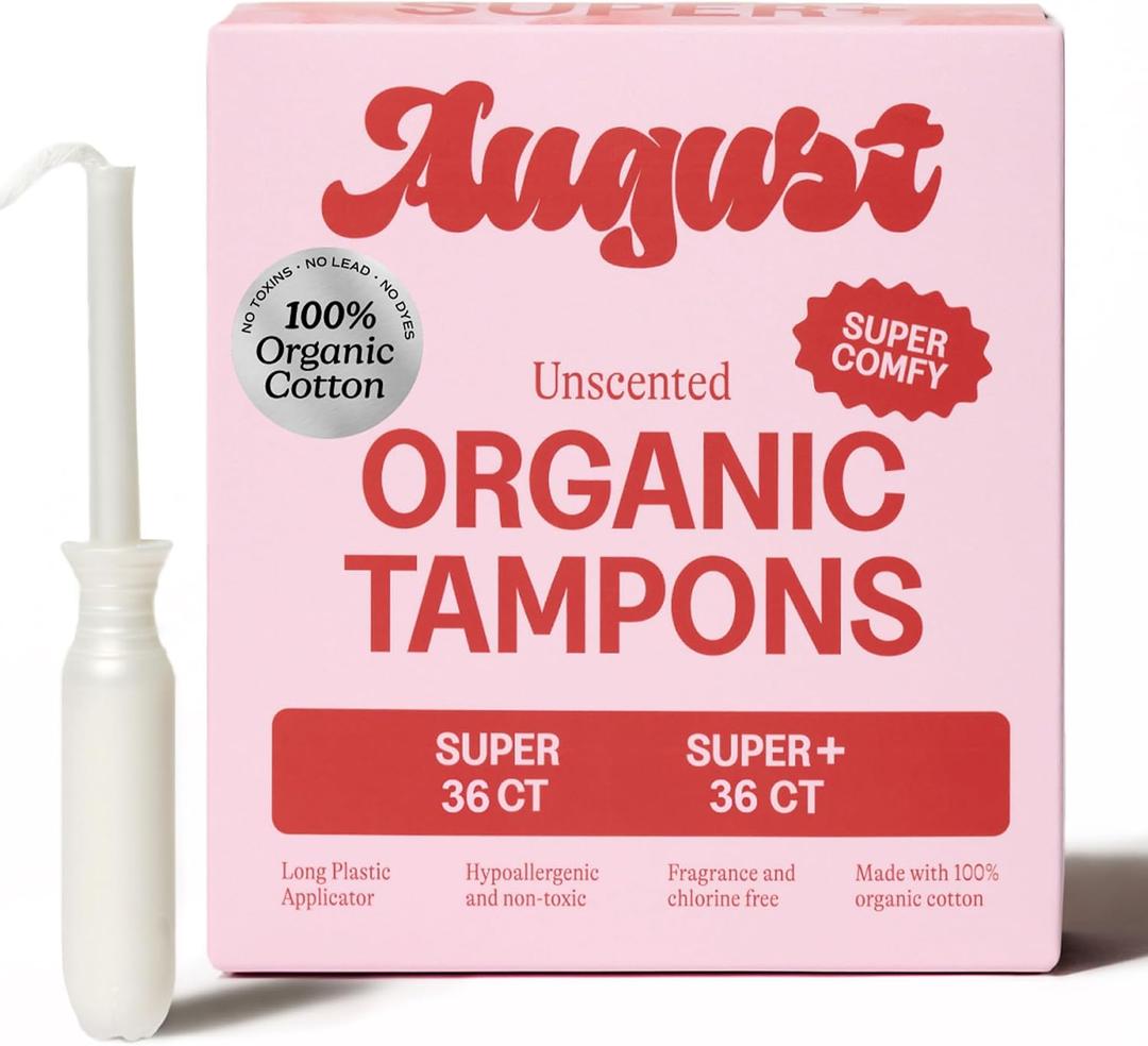 August Organic Tampons, 72-Pack Super & Super+ Non-Toxic Tampons for Women