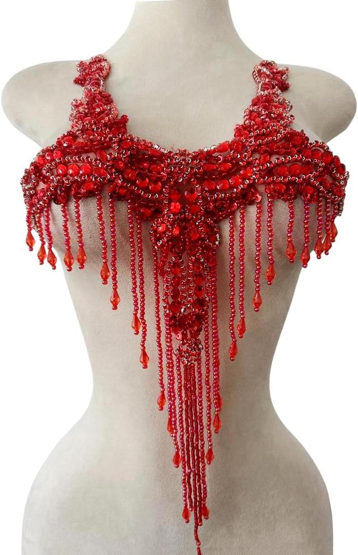 Pure Handmade Rhinestones Beads Patches Trim Bodice Applique Sewing Fringe Tassel Chain for DIY Clothing Wedding Decoration 15X19.6inches (Red)