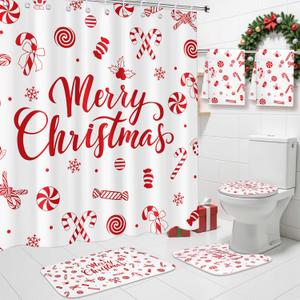 6 Pcs Christmas Candy Shower Curtain Sets Bathroom Set with Waterproof Shower Curtain 72 x 72 Inches Toilet Lid Cover Towel U Shaped Rugs Non Slip Bath Mat Hook for Bathroom Decor