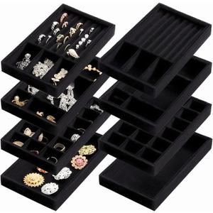 Elsjoy 8 Pack 4 Styles Black Velvet Jewelry Trays, 8" x 5" Jewelry Organizer Tray Stackable Jewelry Storage Tray for Drawer, Rings, Earrings, Necklace