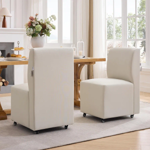 Upholstered Dining Chairs with Rolling Casters Set of 2, Armless Mordern Swivel Chair with Wheels for Dining Room Living Room Kitchen Bedroom(Cream)