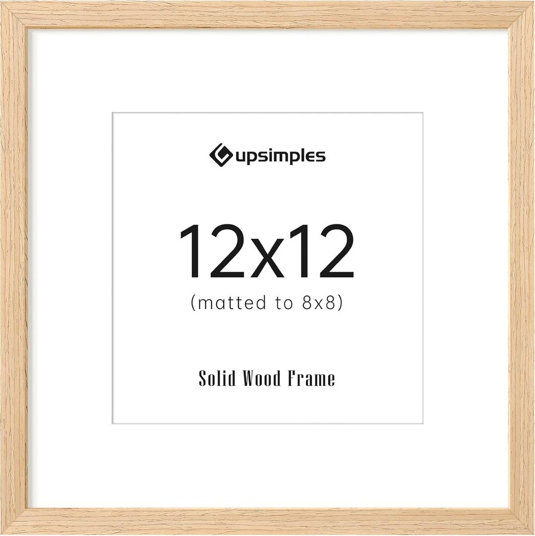 upsimples 12x12 Frame, Natural Solid Wooden Picture Frames, Display 8x8 with Mat or 12 x 12 Without Mat, Wall or Tabletop, 1 Pack, Natural