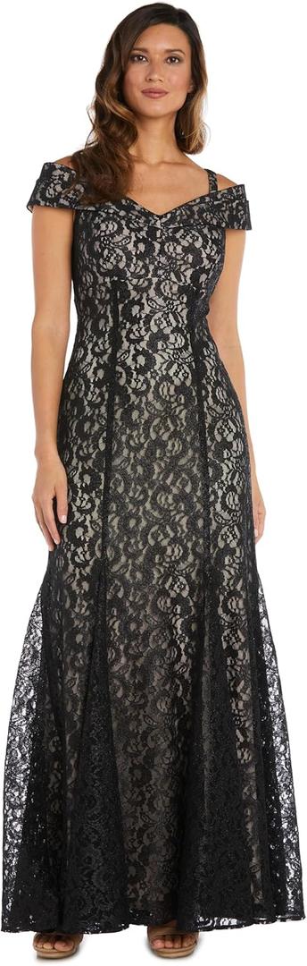 R&M Richards Women's Off The Shoulder Formal Gown - Glitter Lace Mermaid Evening Dress - Party & Cocktial Attire (Black Nude, 20 Plus)