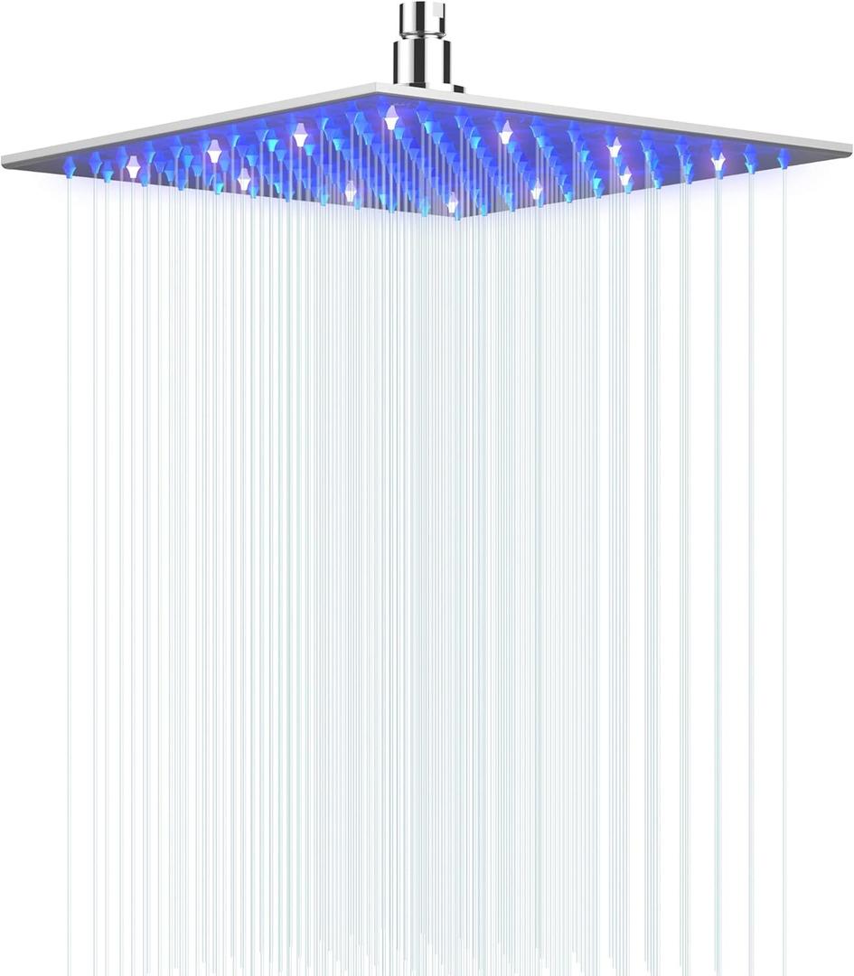 LED Shower Head Hongtoo Hydroelectric Power 12 Inch Square Shower Head Made of 304 Stainless Steel Neither Battery Nor Power Supply Water Temperature Controls 3 Colors' Conversion of the LED Light