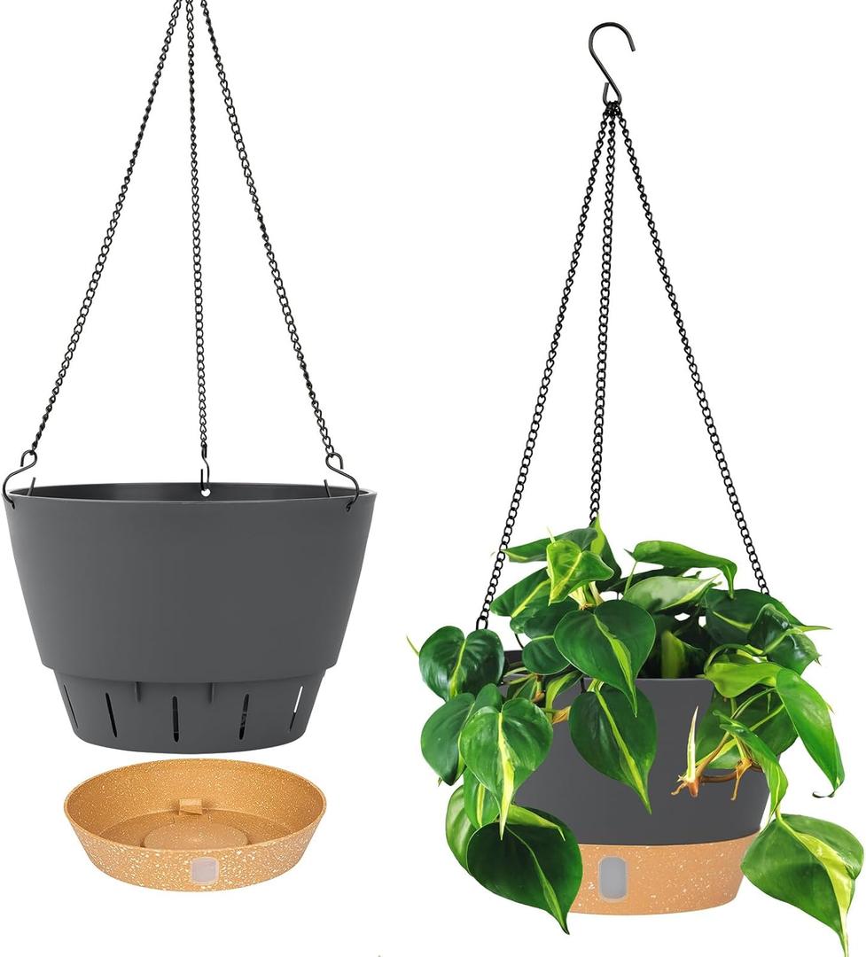 QCQHDU 2 Pack 10 Inch Hanging Planters for Indoor Outdoor Plants, Hanging Baskets Flower Pots with Reservoir Tray & Visible Water-Level (Dark Grey)