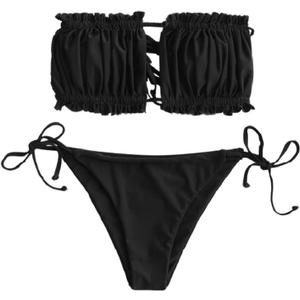 ZAFUL Women 2 Piece Strapless Bikini Swimsuits Ruffle Ribbed Self Tie Bandeau Bikini Set High Cut String Bathing Suits (Large)