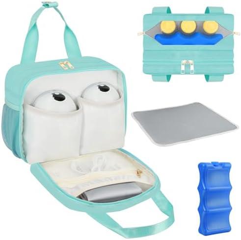 PIIOSER Breastmilk Cooler Bag with Ice Pack, Compatible with Wearable Breast Pumps & Accessories - Portable Pumps Carrying Case for Nursing & Working Moms (Green-Small)