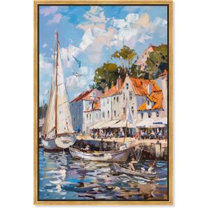 Art Remedy Docked by the Town Canvas Monet Coastal, Gold Frame, 20" x 30"