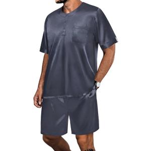 SWOMOG Men Satin Pajama Set Short Sleeve Pj Set 2 Pcs Loungewear Silk Sleepwear Half Button Down Long Pants with Pockets Z - Deep Grey - Short Medium