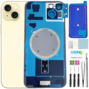 15 Plus Back Glass Replacement for iPhone 15 Plus Rear Back Cover Glass Waterproof and Camera Lens+Professional Repair Tool Kit (Yellow)