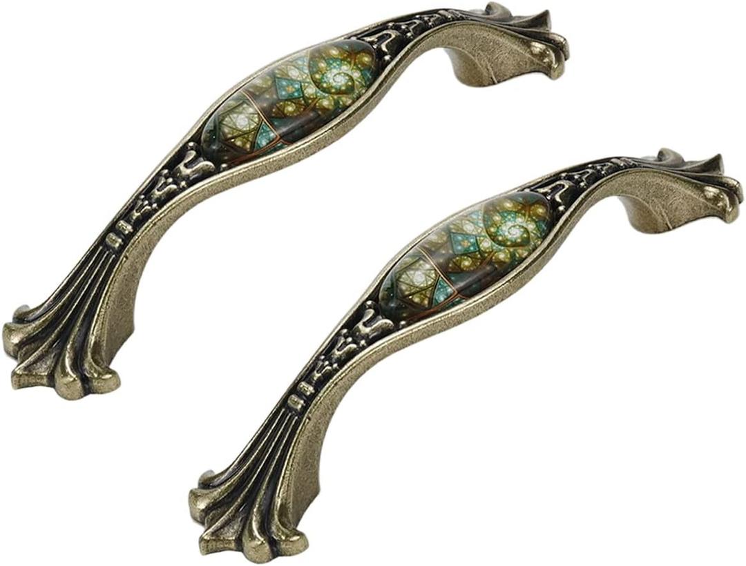Wealrit 2 Pcs European Antique Drawer Pulls Bronze Arch Cabinet Pulls with Stained Glass Pattern Vintage Metal Dresser Handles Decorative Furniture Pulls 96mm Hole Center 96 mm (3.8 inch)