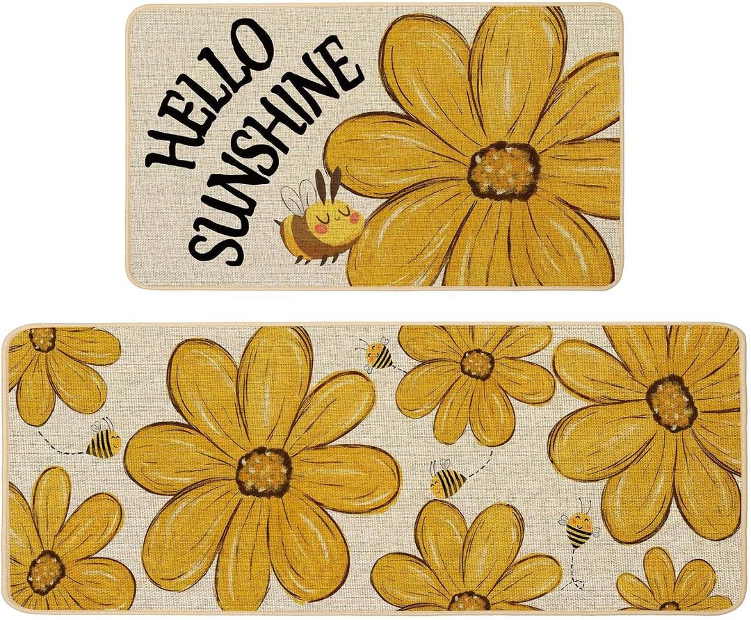 Baccessor Summer Kitchen Mats Set of 2, Sunflower Bee Daisy Floral Kitchen Rugs for Floor Hallway Laundry Sink Non Slip Low-Profile Seasonal Home Decor 17x29 and 17x47 Inch