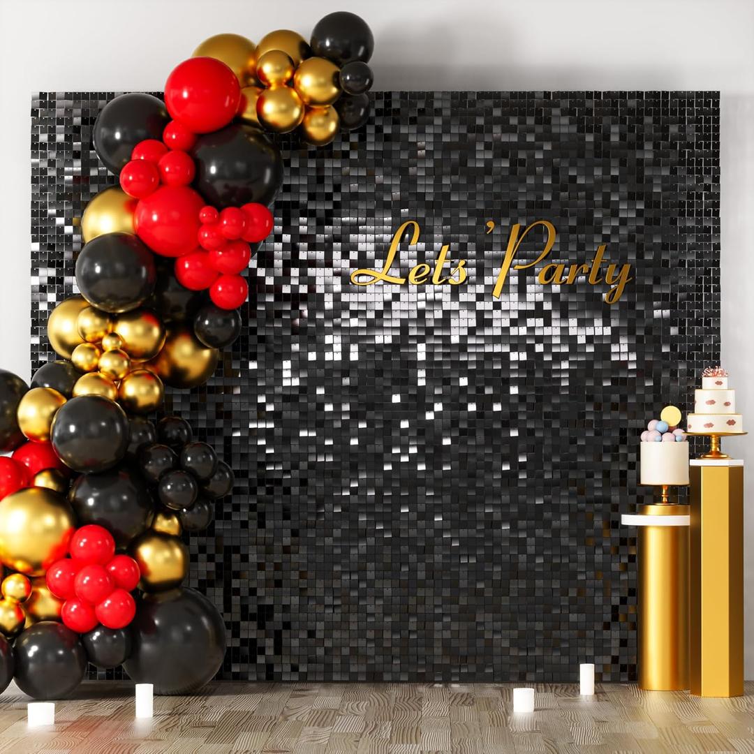 COKAOBE Black Shimmer Wall Backdrop, 36PCS Square Sequin Shimmer Backdrop Panel, Photo Backdrops for Birthday, Anniversary, Wedding, Graduation & Bachelorette Party Decoration (36PCS, Black)