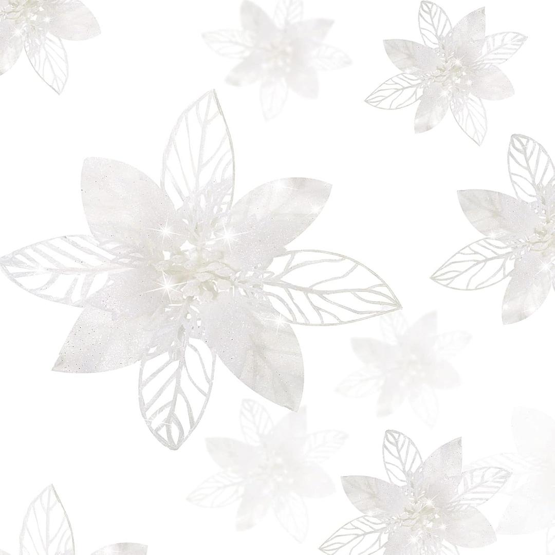 Boao 24 Pieces Christmas Glitter Artificial Poinsettia Flowers Christmas Flowers Decorations Wedding Xmas Tree New Year Ornaments (White)