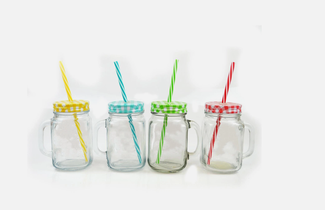 Glass Mason Jar Drink Tumbler Cocktails Beer Lid and Straw 4 Colours Outdoor