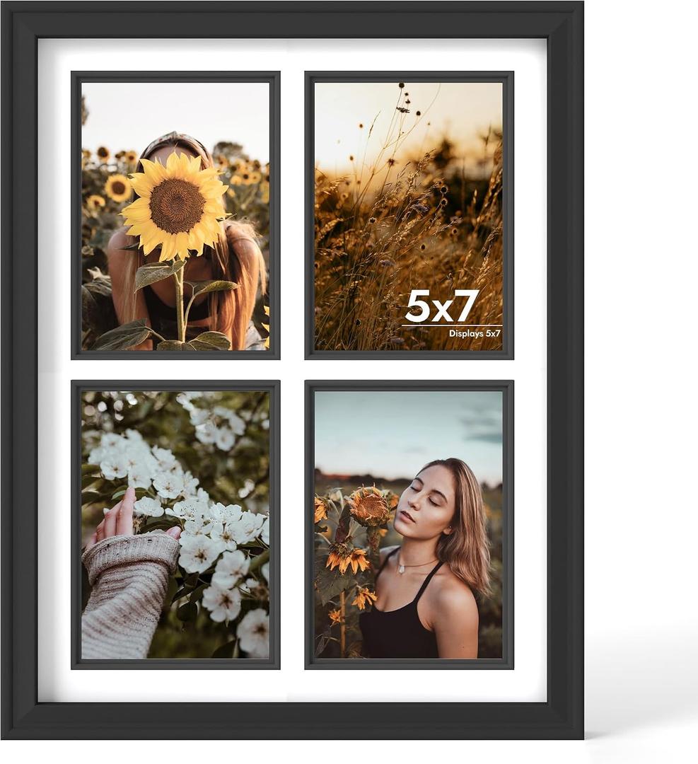 iRahmen 5x7 Collage Picture Frame with Tempered Glass - Wood Photo Frames Display Four 5 x 7 Pictures with Mat, Home Decor Wall Mount, Black, Four 5x7 in