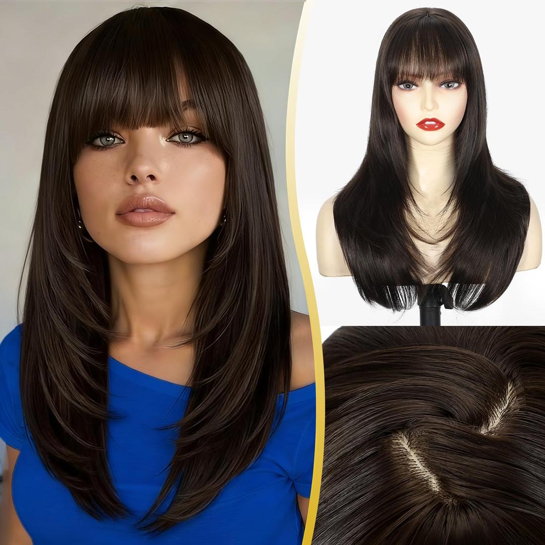 Sakuraaa Brown Straight Wig with Bangs 20 Inch Medium Length Layered Synthetic Wigs for Women, Realistic Scalp Natural Looking Heat Resistant Wig for Daily Party Cosplay Use