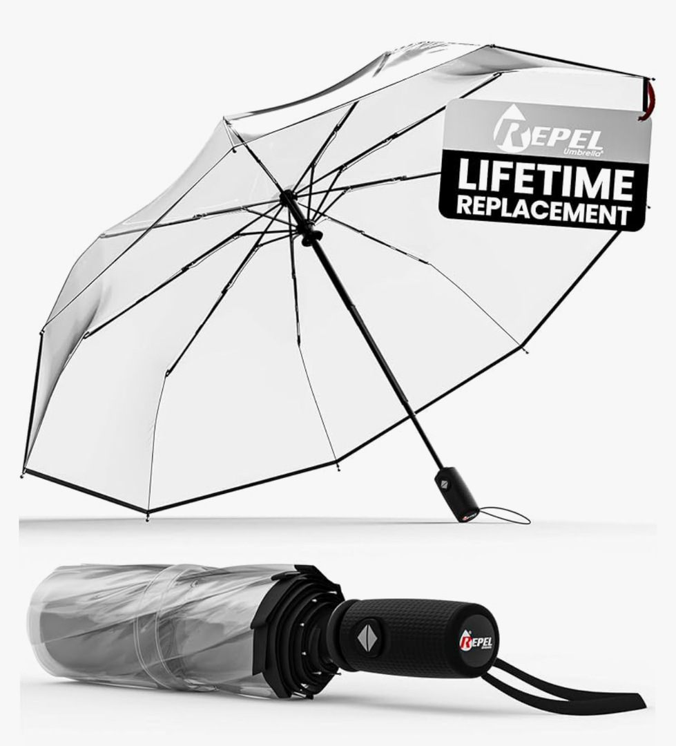 Repel Umbrella - Windproof Travel Umbrellas for Rain - Engineered to Withstand 85MPH Winds, <1lb - Lightweight, Durable, Compact, Waterproof, Auto Open Close, Fiberglass Frame Clear Top