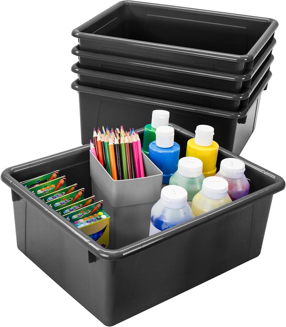 Storex Letter Size Deep Storage Tray Organizer Bin for Classroom, Office and Home, Black, 5-Pack (62523U05C)