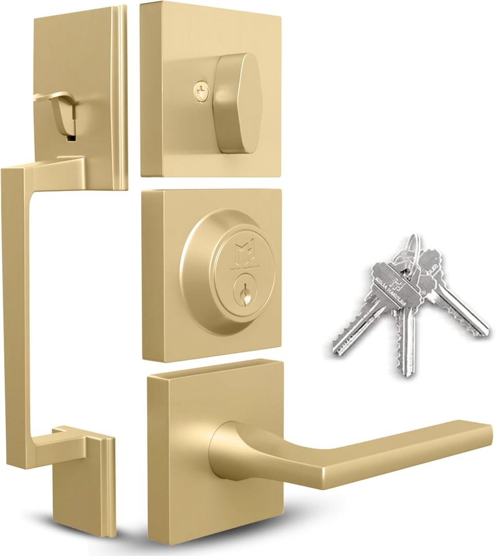 Mega Handles - TOBELLE Gold Entry Door Handleset - Single Cylinder Handleset with Lever for Entrance and Front Doors - Modern Door Handles for Left and Right-Handed Doors - Straight Handle (5 Inch - Exposed Screws, Satin Brass)