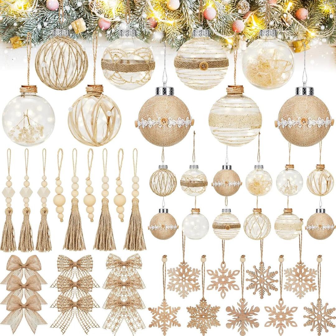 51 Pcs Rustic Boho Christmas Ball Ornaments Set Bulk 2.36 Inch Champagne Balls Neutral Christmas Tree Hanging Decorations Wooden Christmas Ornaments Farmhouse Xmas Home Decor for Party Xmas Decor