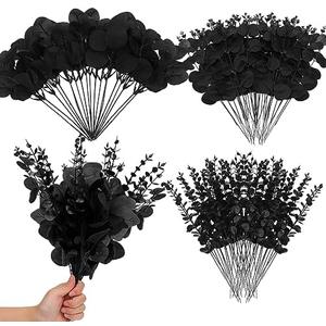 Giegxin 90 Pcs 3 Kinds Mixed Eucalyptus Leaves Stems Bulk Artificial Silver Dollar Leaves Picks Dried Eucalyptus Bundle Faux Spray for Wedding Vase Bouquet Floral Arrangement (Black)
