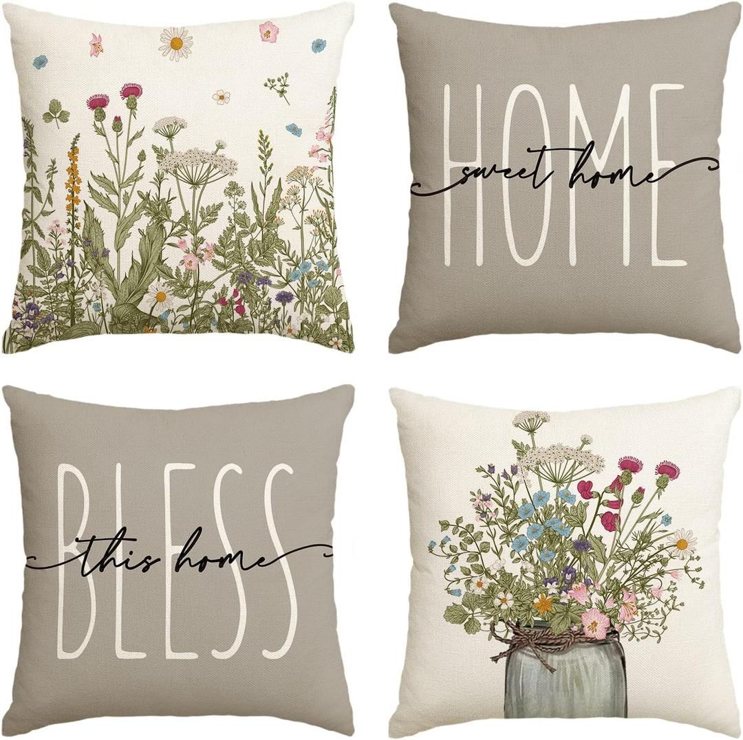 AVOIN colorlife Fall Wildflowers Home Sweet Home Throw Pillow Covers, 18x18 Inch Autumn Seasonal Decorations for Home Set of 4 (18" x 18" (Pack of 4))